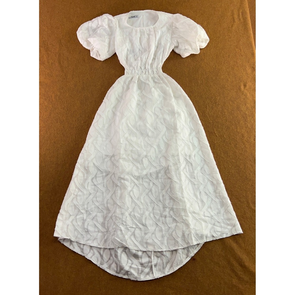 Elisa Womens M White Textured Back Cutout Puff Sleeve High Low Midi Dress New